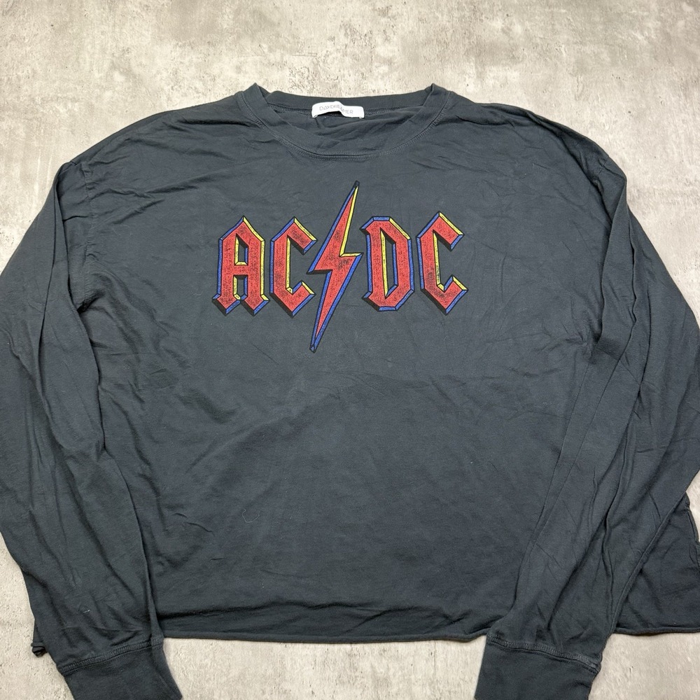 Daydreamer AC DC Long Sleeve Relaxed Fit Shirt Gray Cropped Band Tee XL